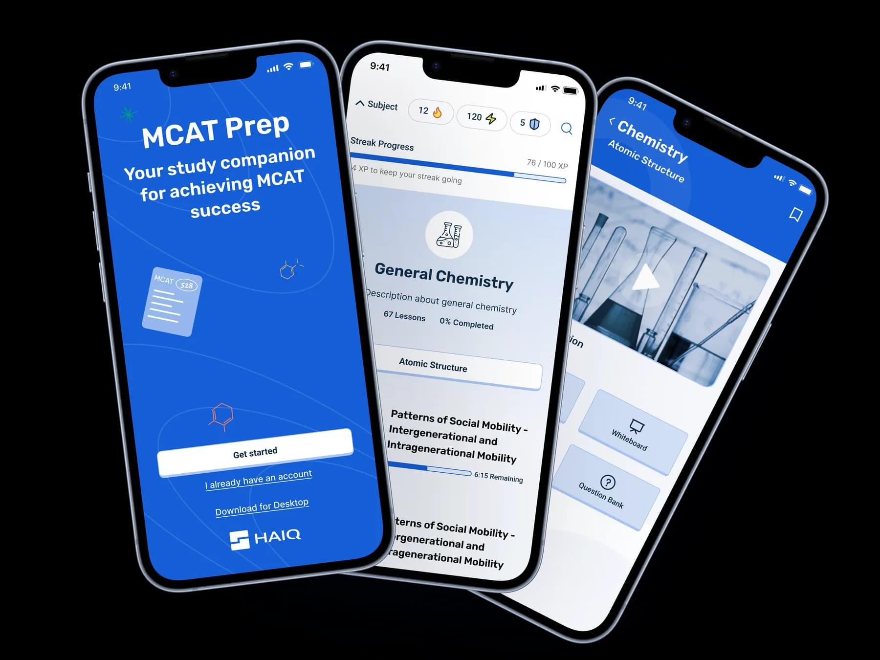 Three MCAT Prep app screens showing a study dashboard, science lessons, and video learning